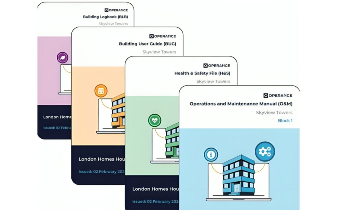 Variety of handover pack output files including Operation and Maintenance manuals, Health and Safety files, Home User Guides, and Building User Guides, displayed on a digital platform for efficient building management.