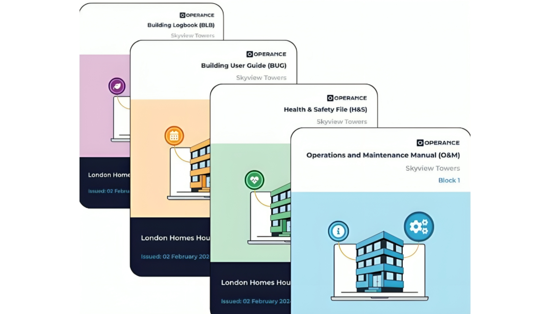 O&M Manuals Variety of handover pack output files including Operation and Maintenance manuals, Health and Safety files, Home User Guides, and Building User Guides, displayed on a digital platform for efficient building management.