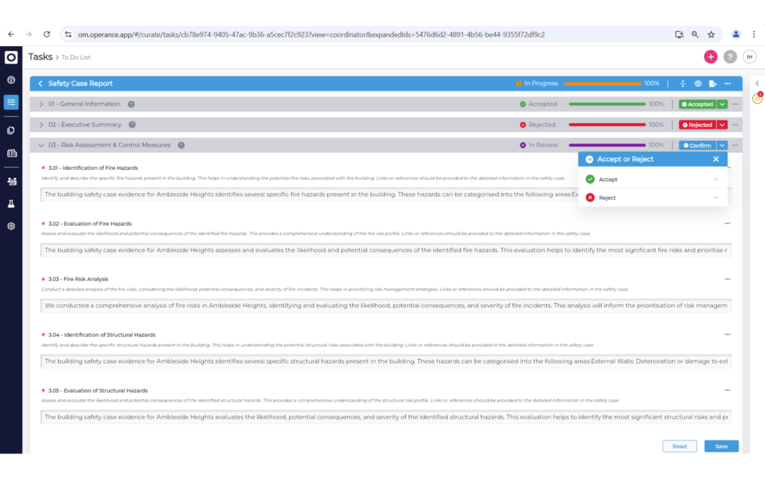 Screenshot of the Operance platform displaying the Accept and Reject workflow function, highlighting task submission status, real-time feedback options, and the Golden Thread Panel for seamless communication and collaboration.